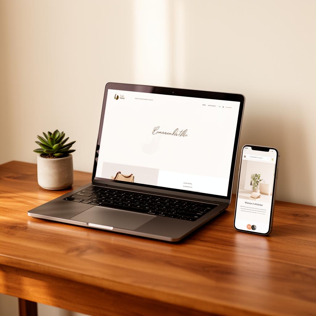 A modern, minimal website displayed on a laptop and phone on a wooden desk